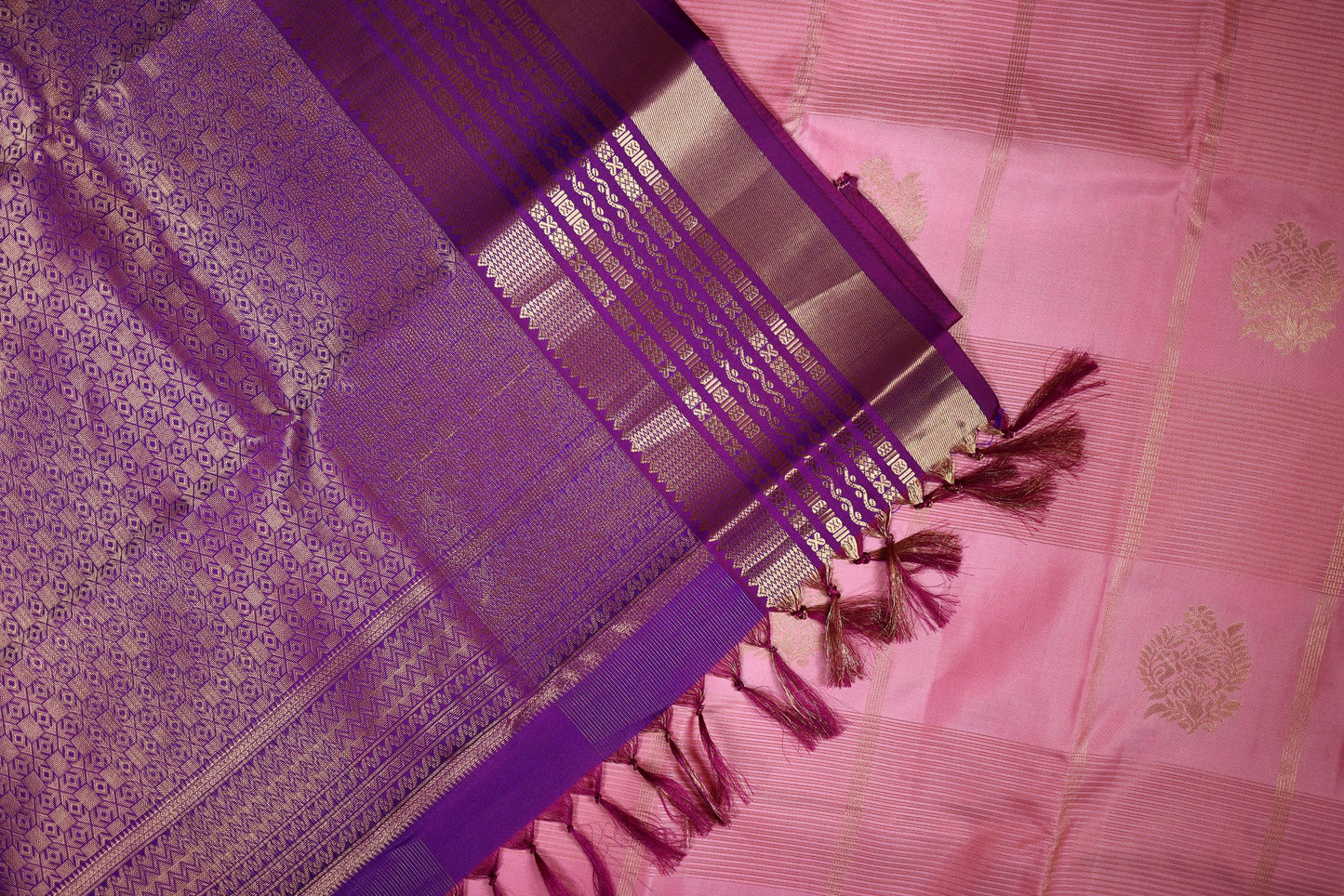 Pure Silk Saree - Baby Pink Color with Violet Zari Border