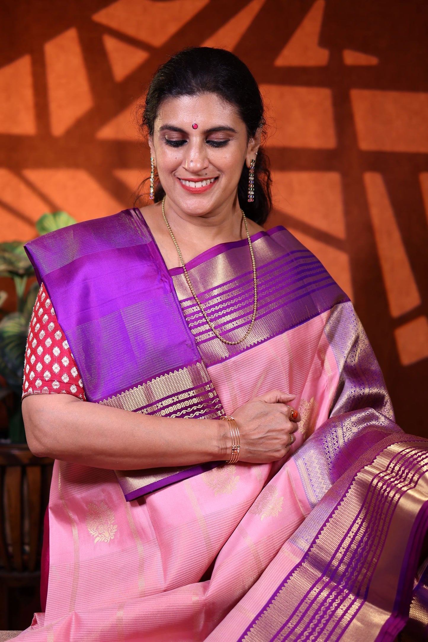 Pure Silk Saree - Baby Pink Color with Violet Zari Border