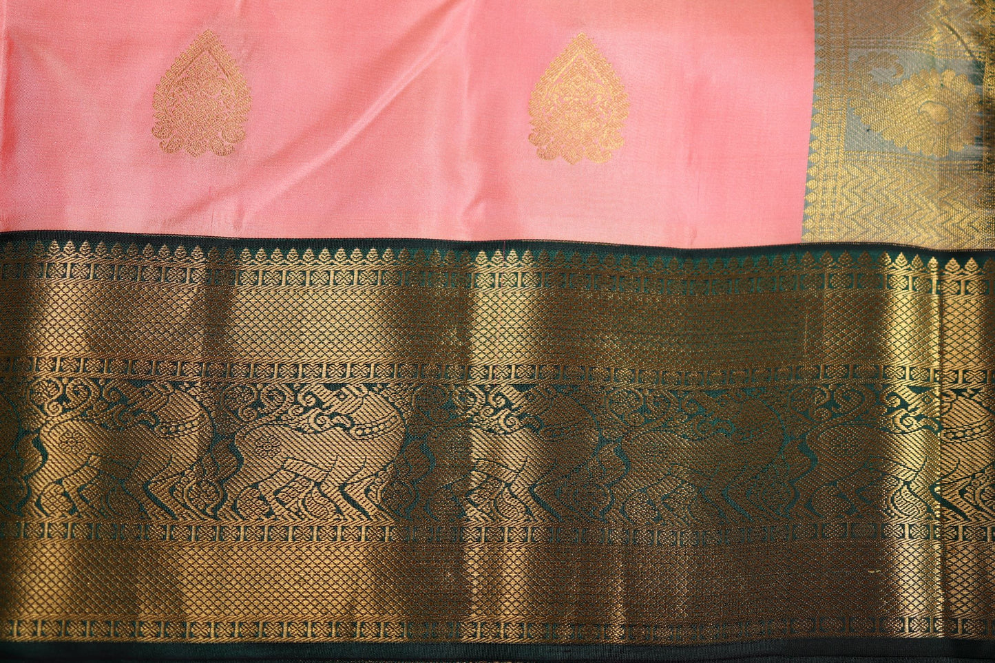 Pure Silk Saree - Light Pink Color with Bottle Green Zari Border