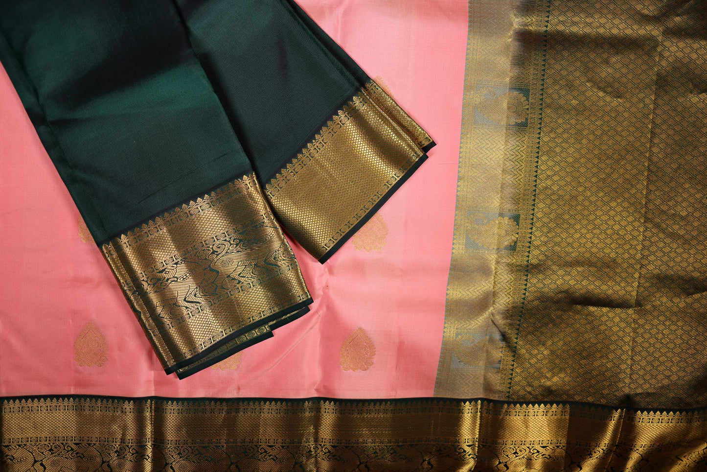 Pure Silk Saree - Light Pink Color with Bottle Green Zari Border