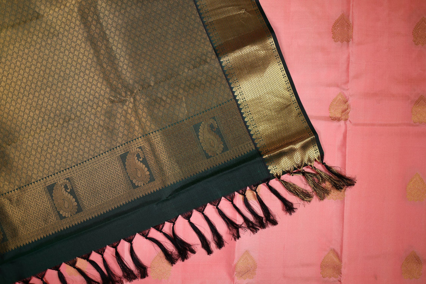 Pure Silk Saree - Light Pink Color with Bottle Green Zari Border