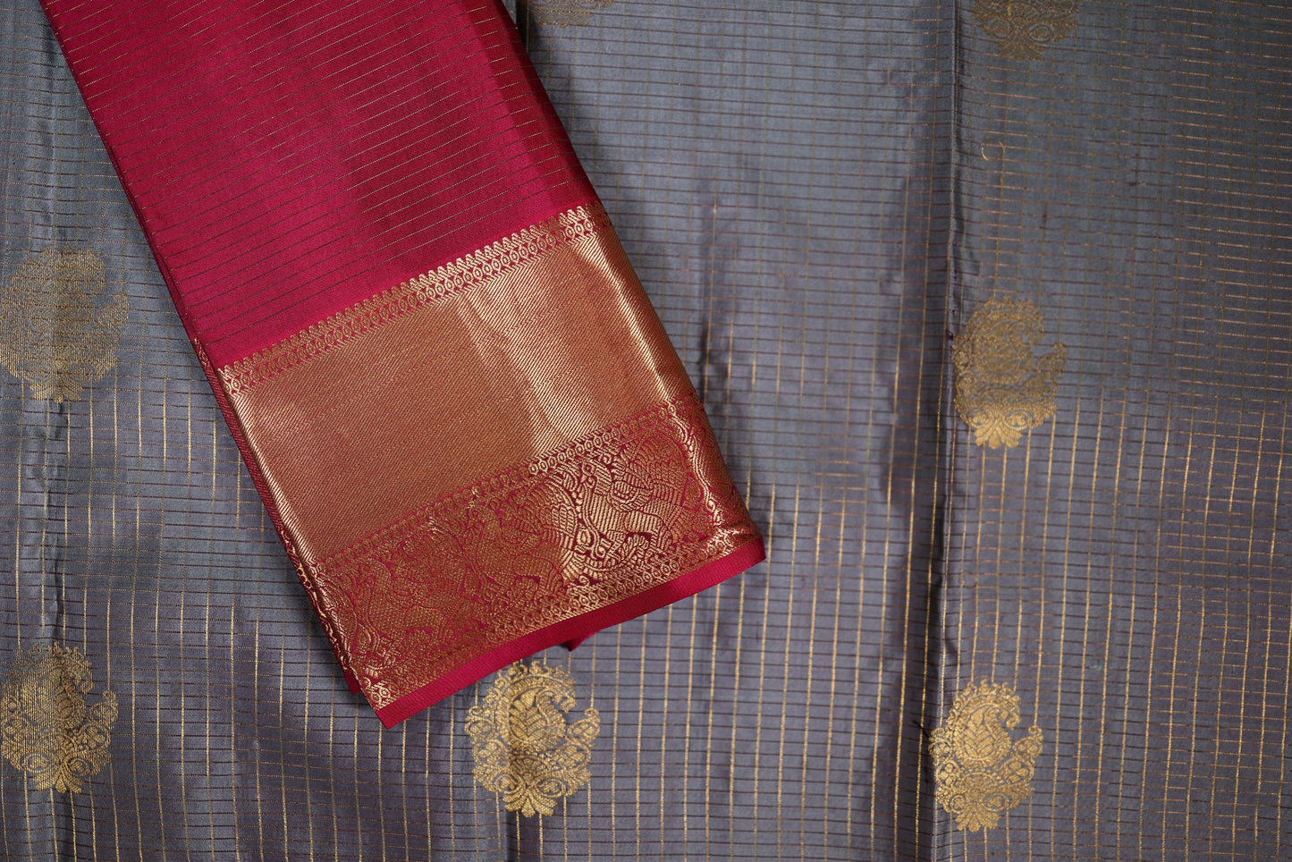 Pure Silk Saree - Shades of Blue with Maroon Zari Border