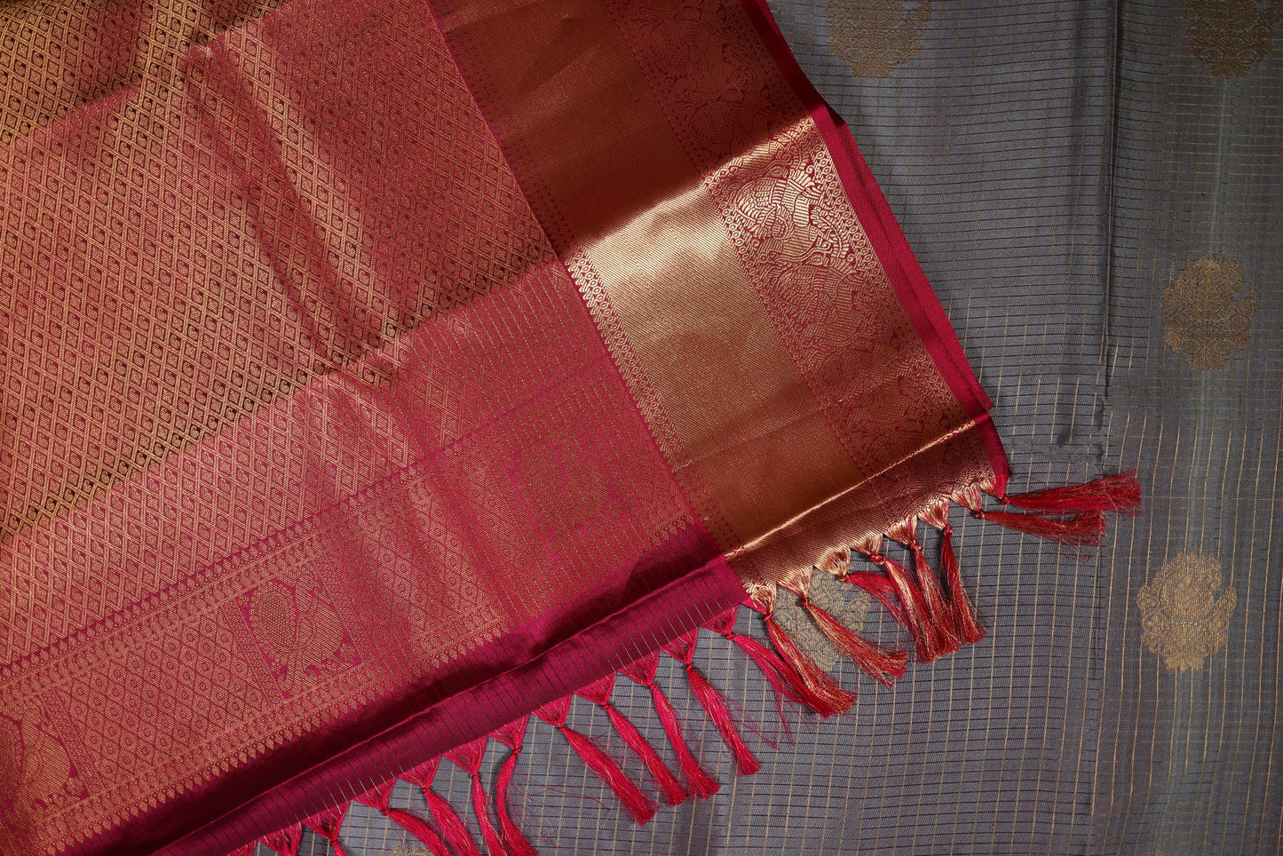 Pure Silk Saree - Shades of Blue with Maroon Zari Border