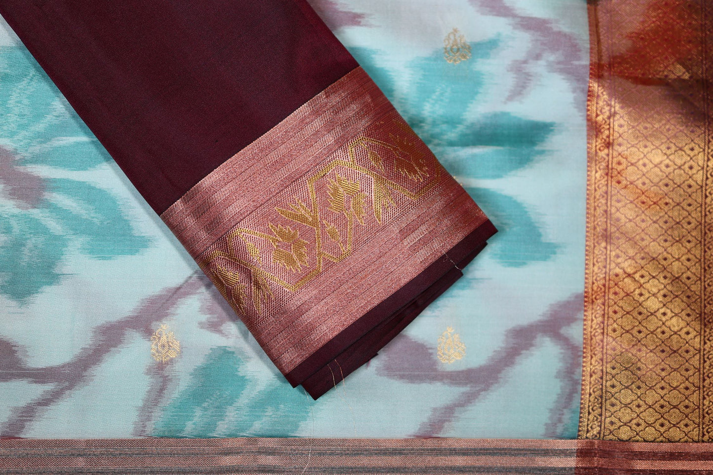 Pure Silk Saree - Aqua Green Pochampally Design with Brown Color