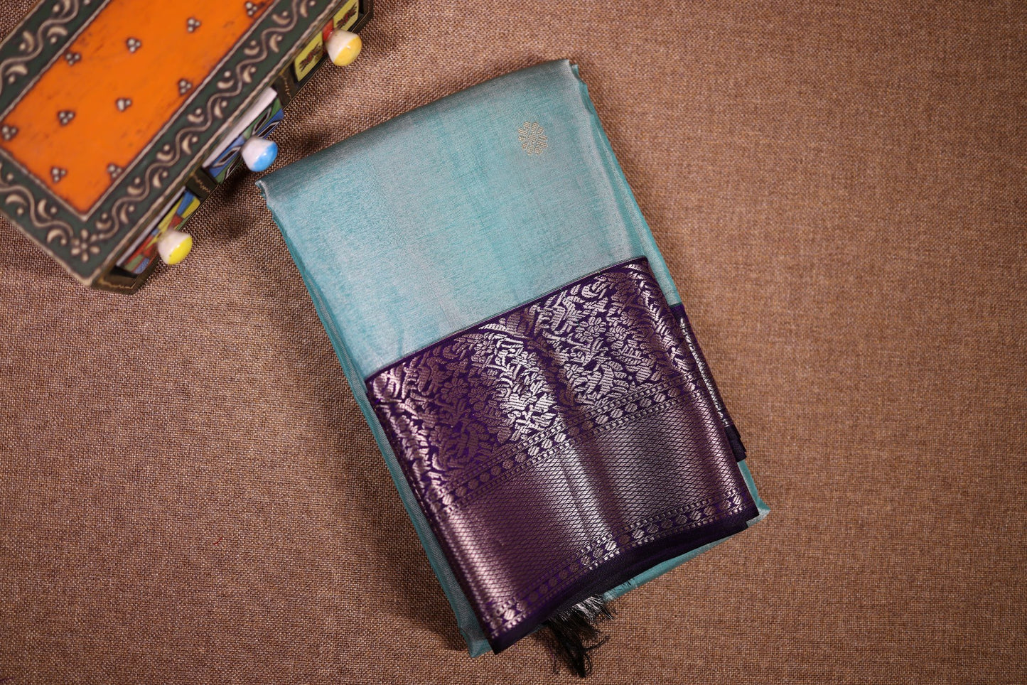 Pure Silk Saree - Blue Color with Violet Zari Border