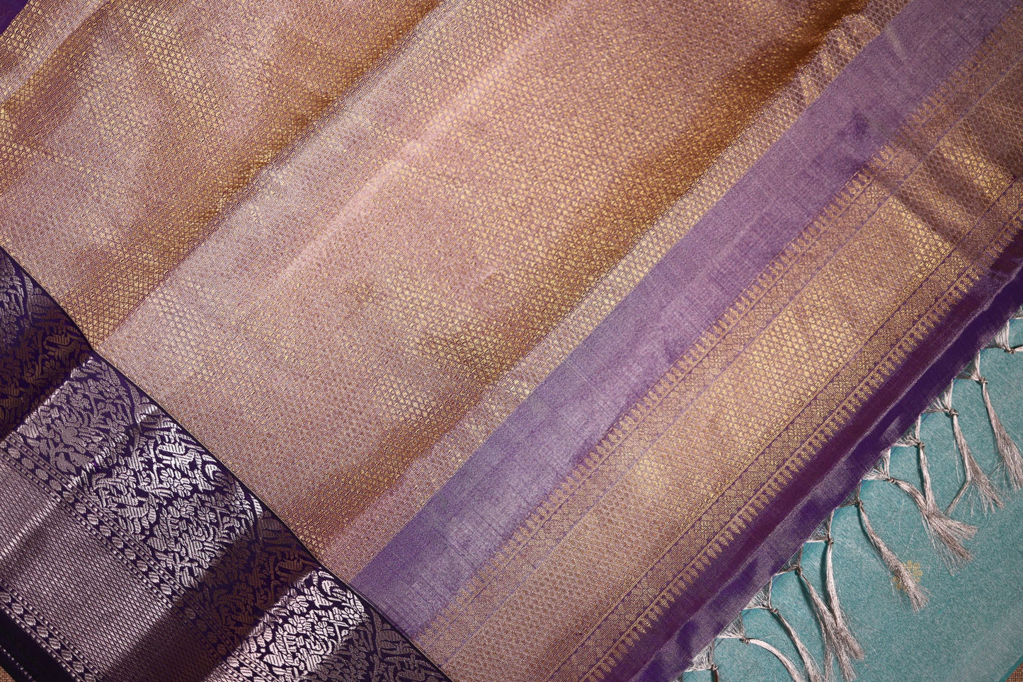 Pure Silk Saree - Blue Color with Violet Zari Border