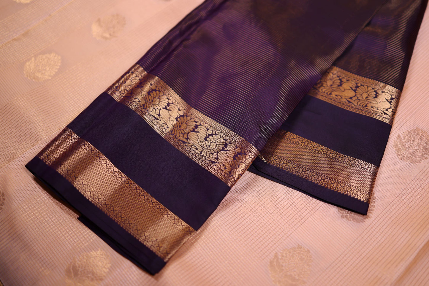 Pure Silk Saree - Pastel Peach with Violet Zari Border