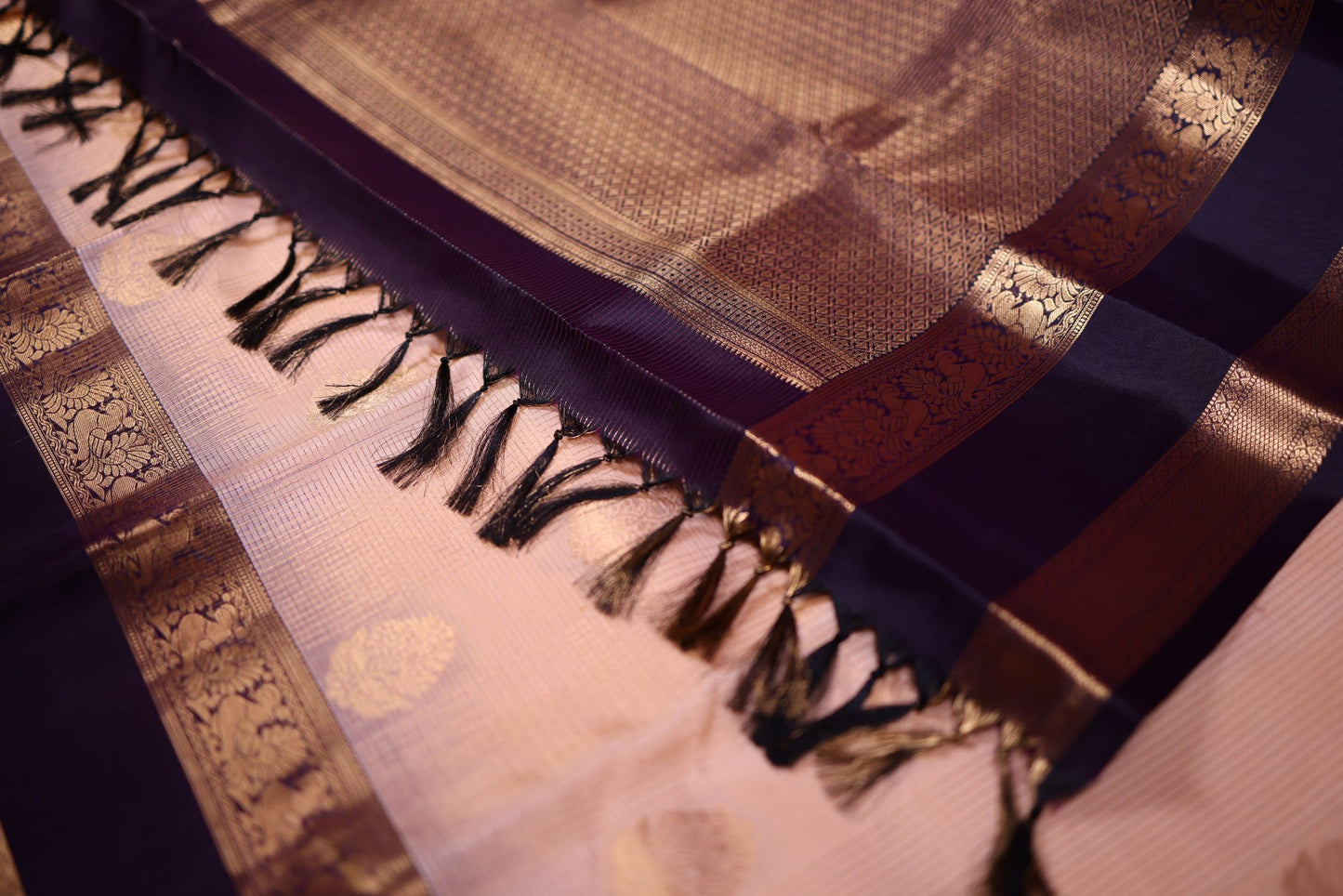 Pure Silk Saree - Pastel Peach with Violet Zari Border