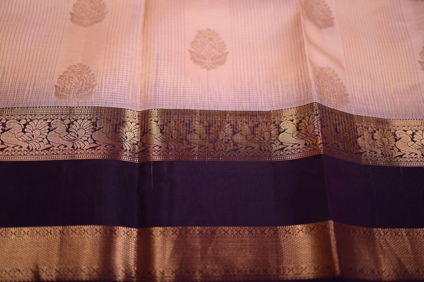 Pure Silk Saree - Pastel Peach with Violet Zari Border