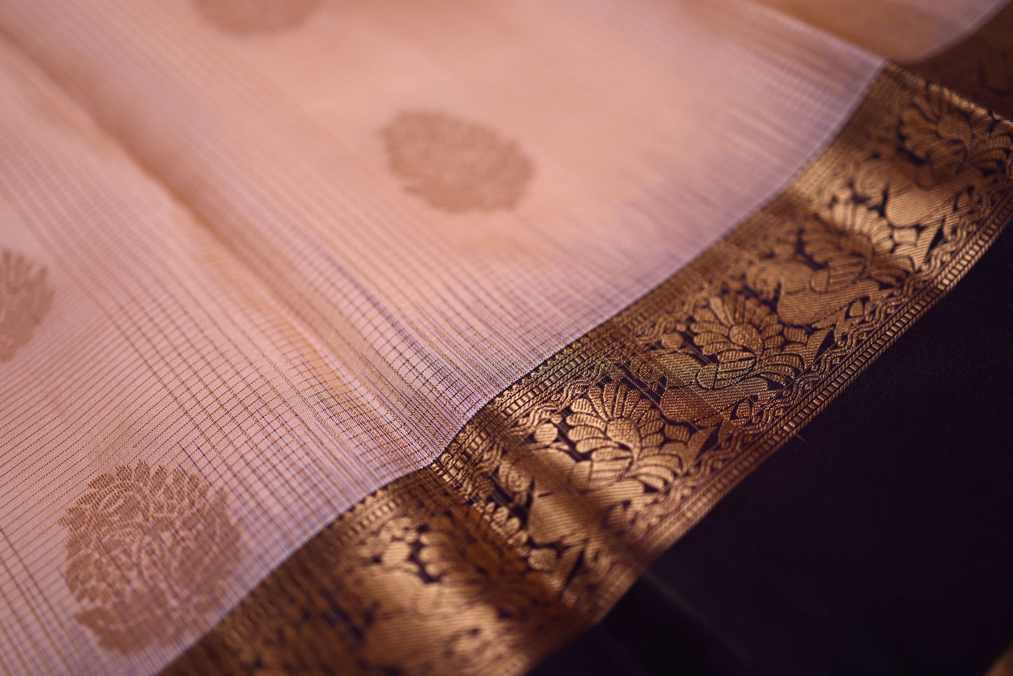 Pure Silk Saree - Pastel Peach with Violet Zari Border