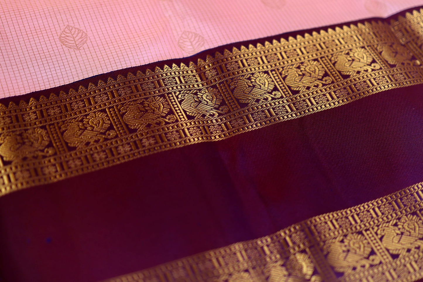 Pure Silk Saree - Baby Pink with Violet Zari Border