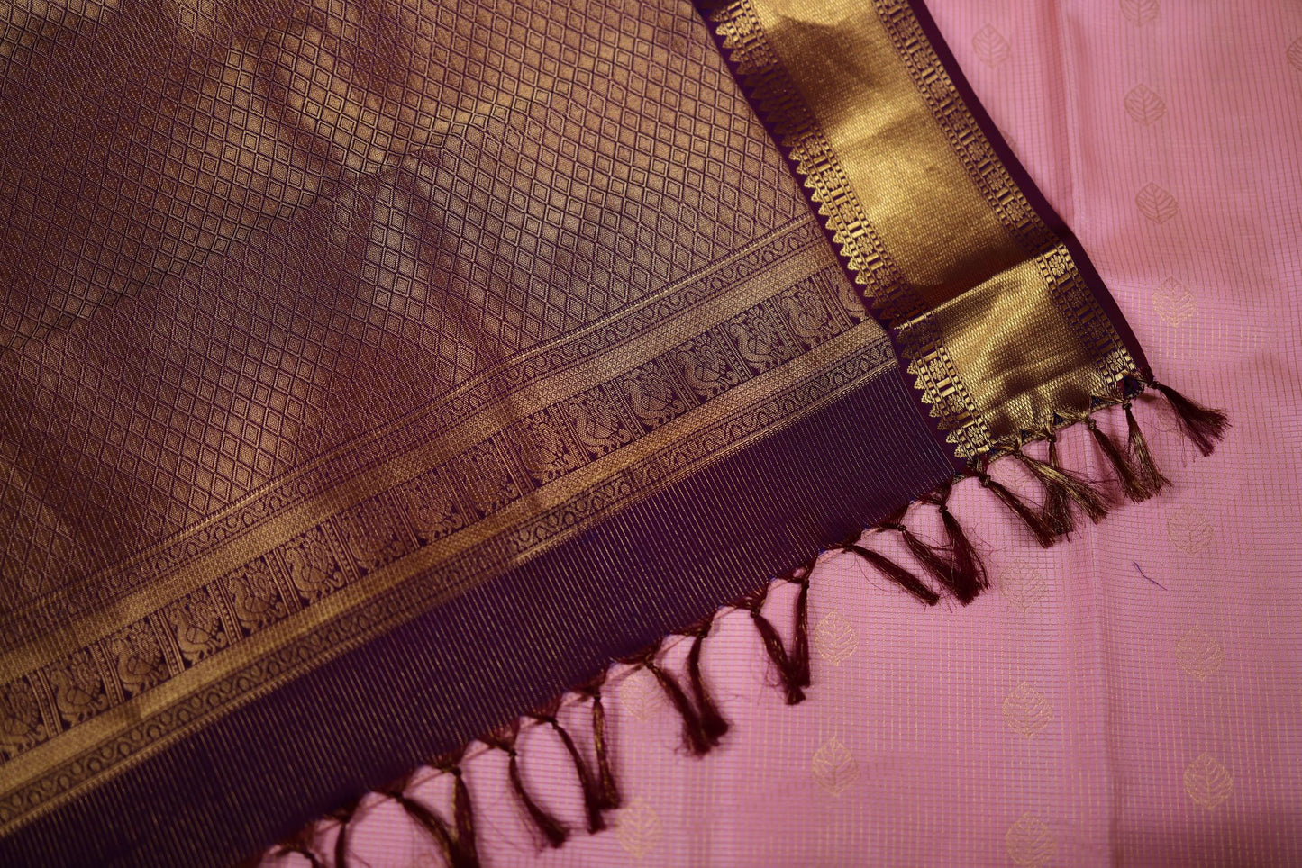 Pure Silk Saree - Baby Pink with Violet Zari Border