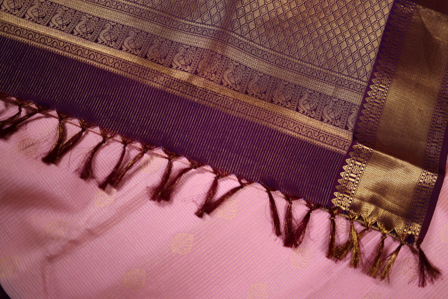 Pure Silk Saree - Baby Pink with Violet Zari Border