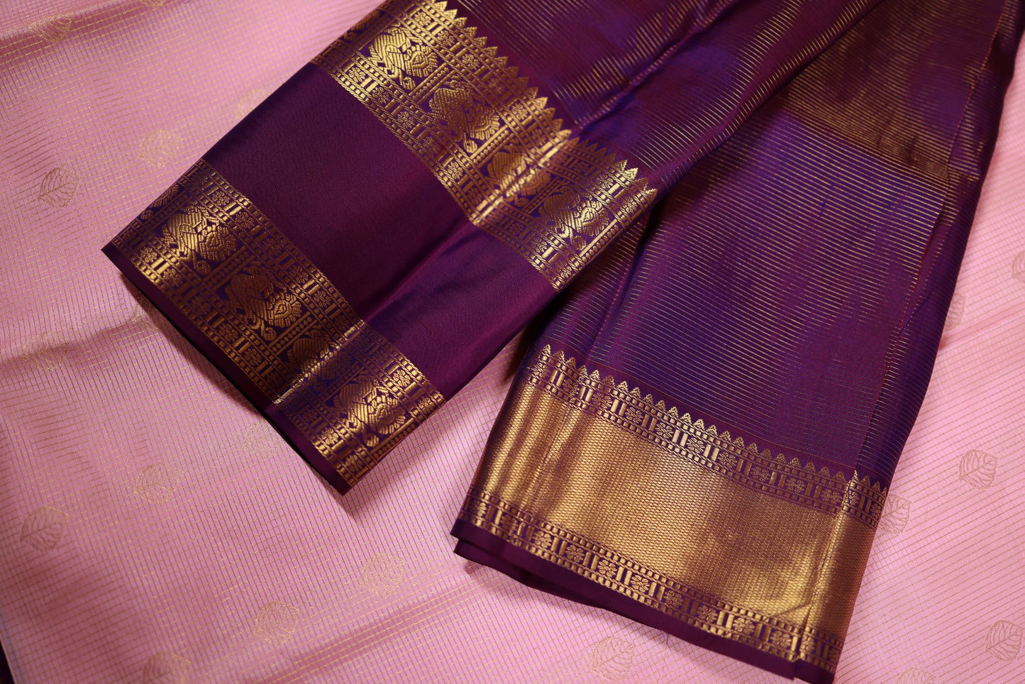 Pure Silk Saree - Baby Pink with Violet Zari Border