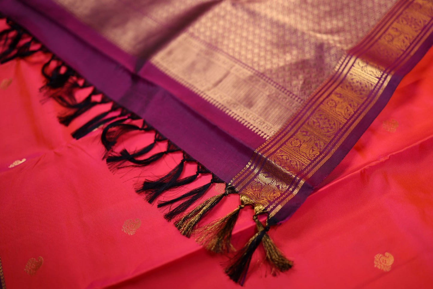 Pure Silk Saree - Rani Pink Color with Purple Zari Border