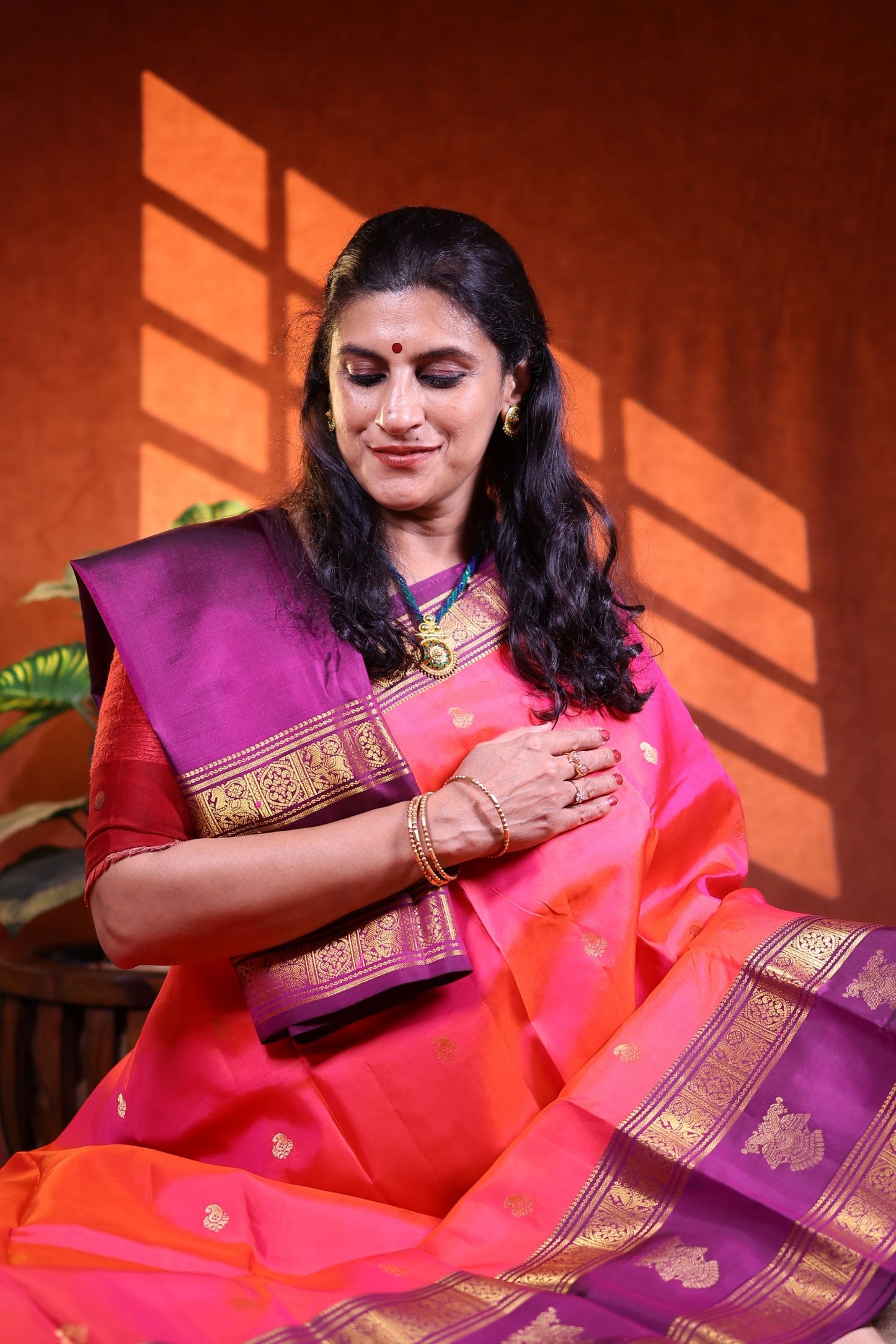 Pure Silk Saree - Rani Pink Color with Purple Zari Border