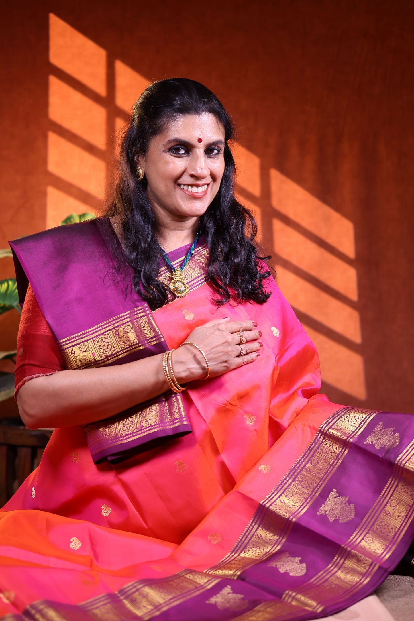 Pure Silk Saree - Rani Pink Color with Purple Zari Border