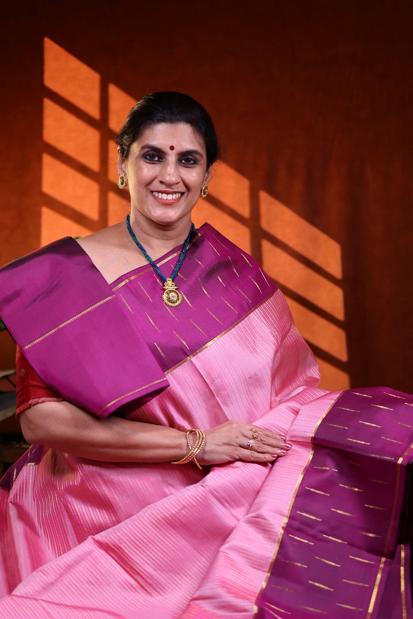 Pure Silk Saree - Pink with Purple Zari Border