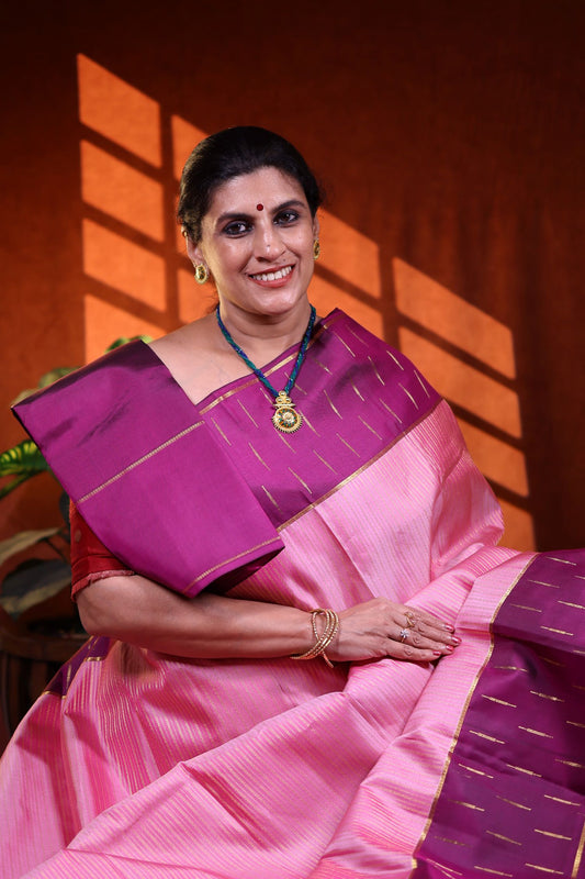 Pure Silk Saree - Pink with Purple Zari Border