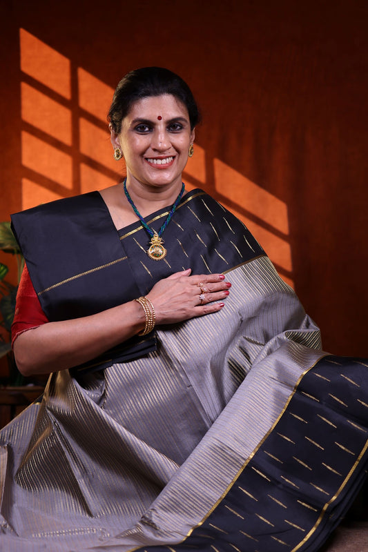 Pure Silk Saree - Steel Grey Color with Black Zari Border