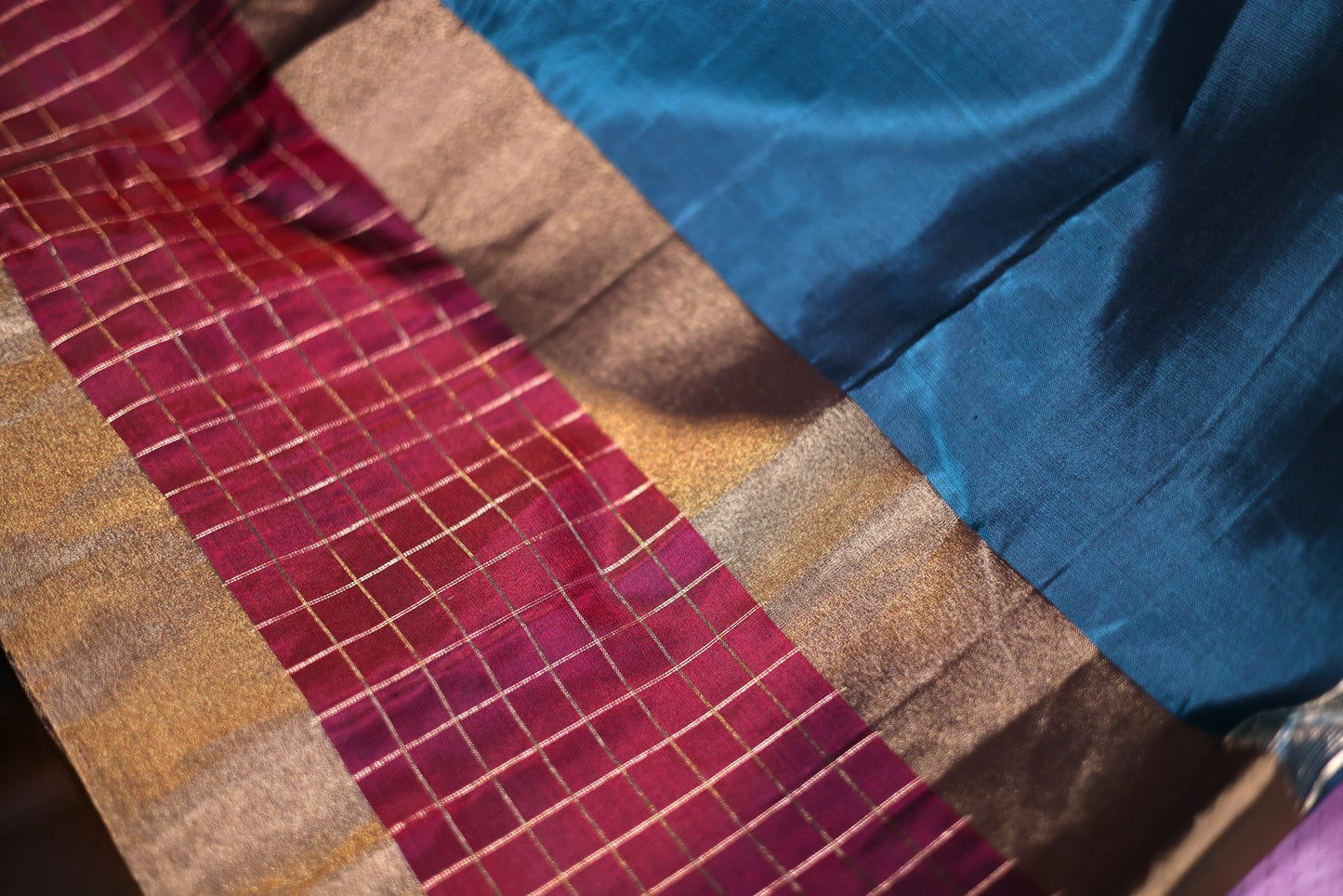 Pure Silk Saree - Turquoise Green Color with Maroon Checked Border