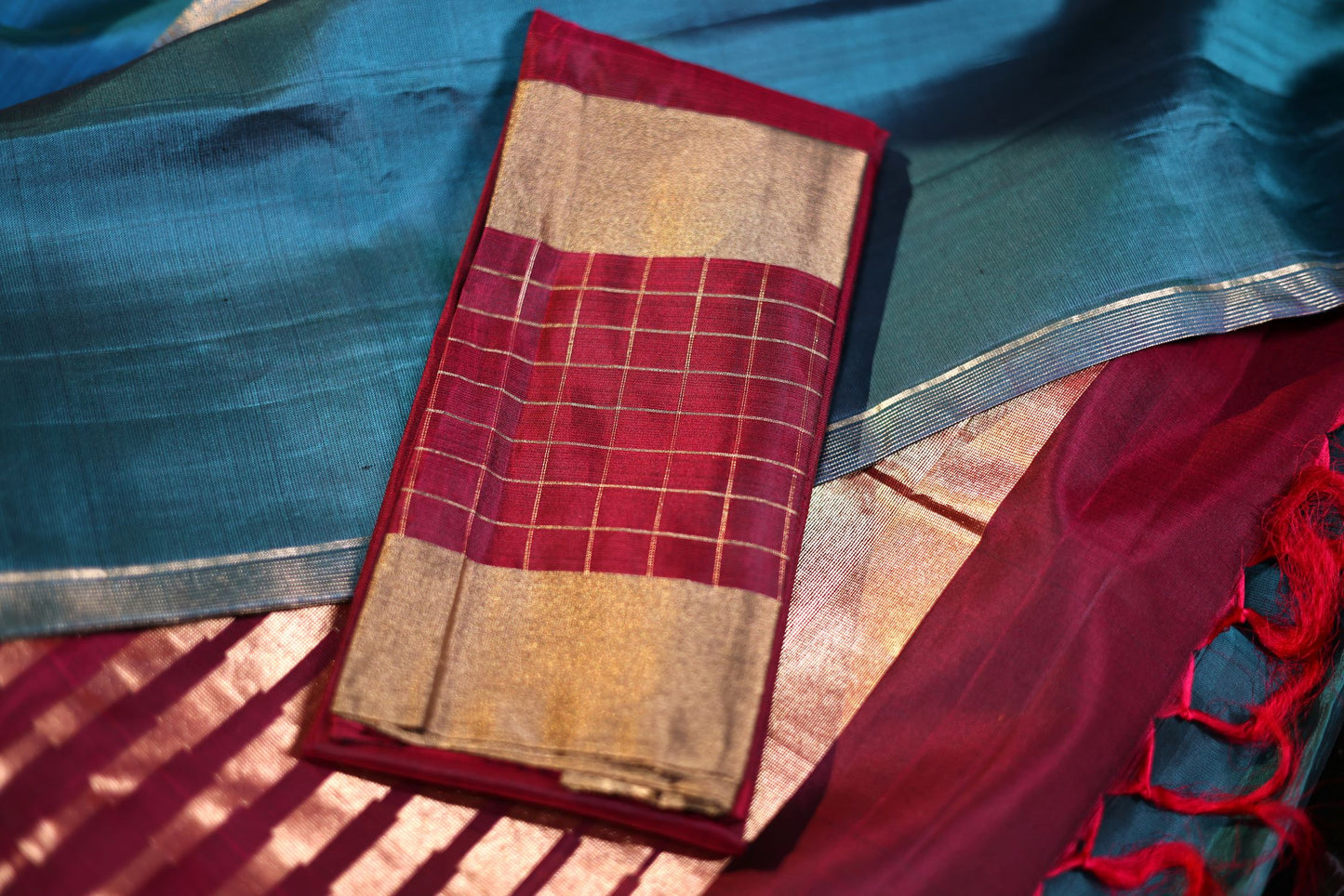 Pure Silk Saree - Turquoise Green Color with Maroon Checked Border