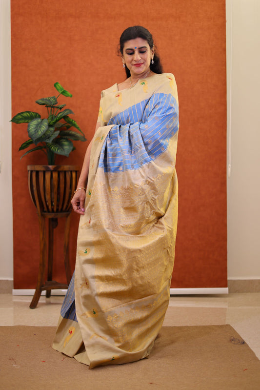 Pure Silk Saree - Blue Color with Cream Color Zari Border