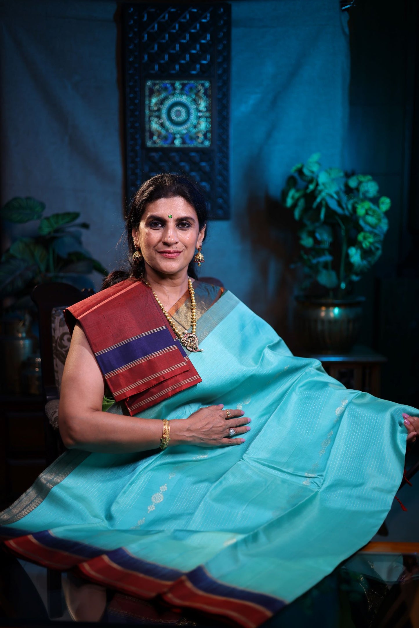 Pure Silk Saree - Aqua Blue Color with Double Color Border