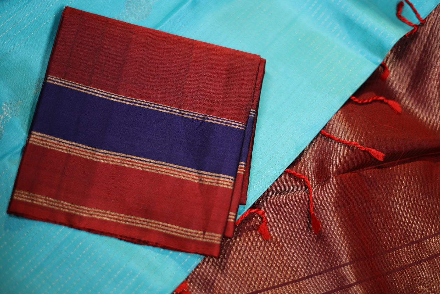 Pure Silk Saree - Aqua Blue Color with Double Color Border