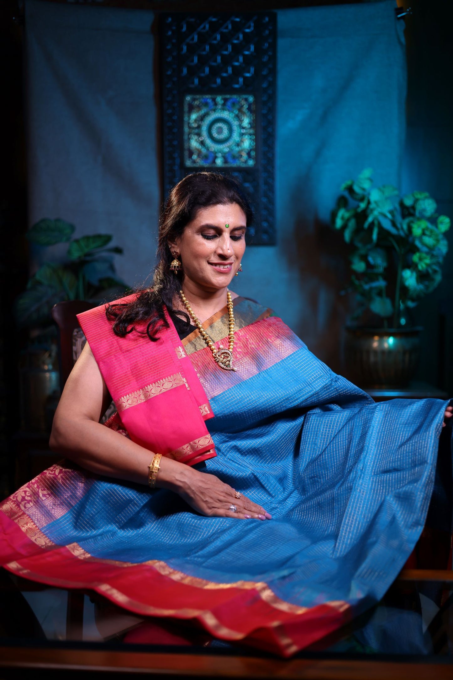 Pure Silk Saree - Blue Color with Pink Border