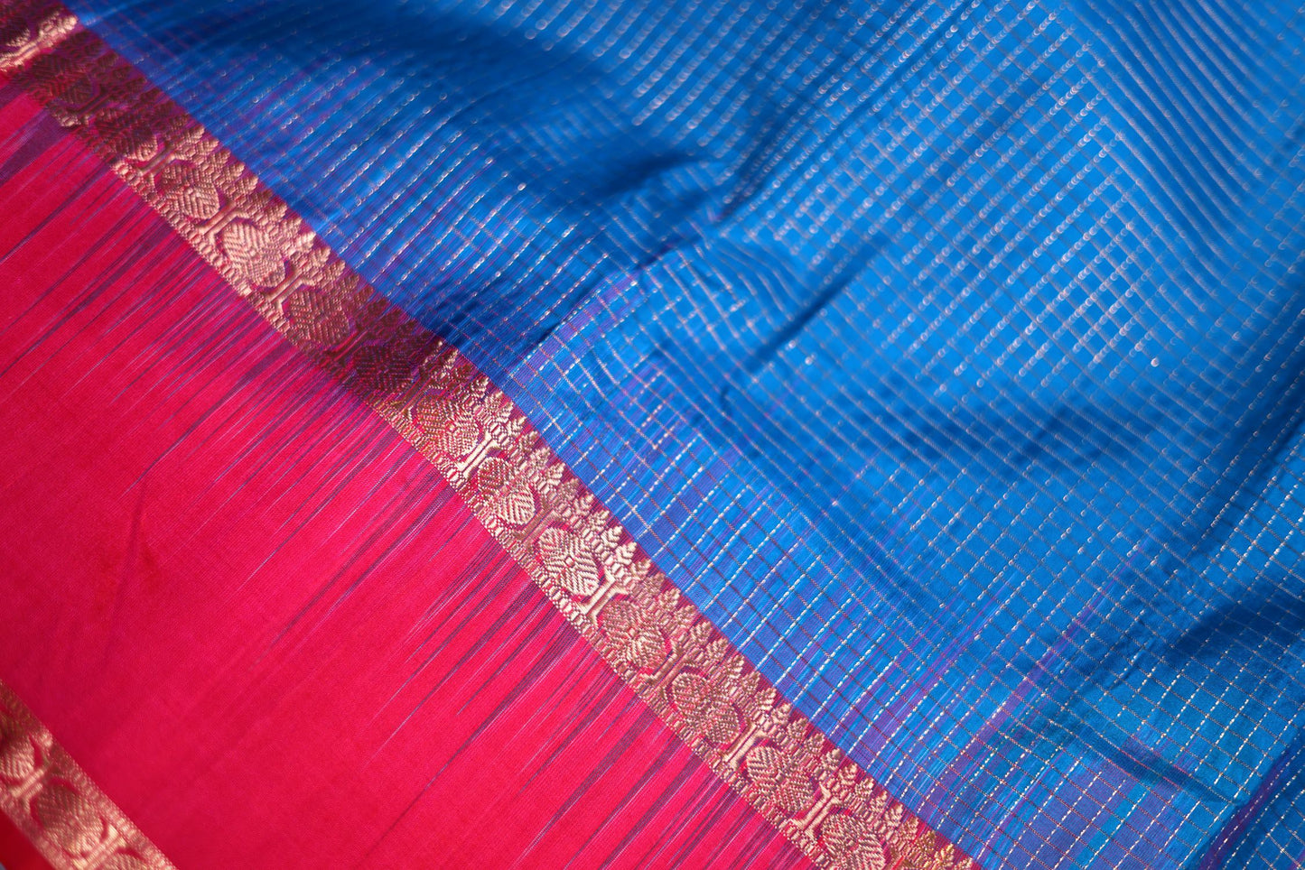 Pure Silk Saree - Blue Color with Pink Border