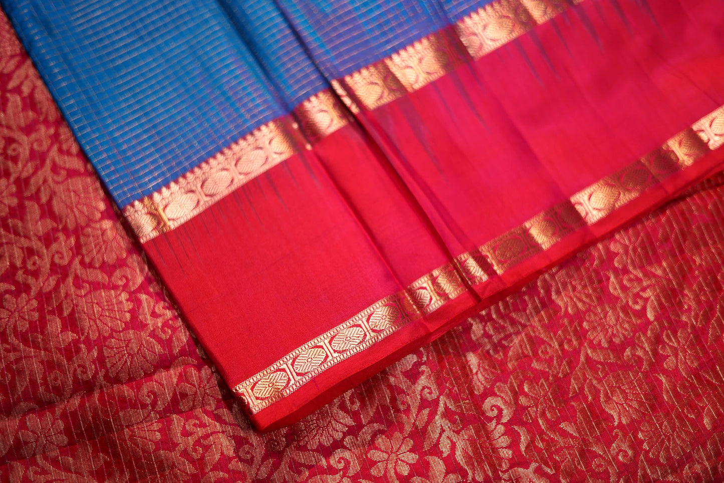 Pure Silk Saree - Blue Color with Pink Border