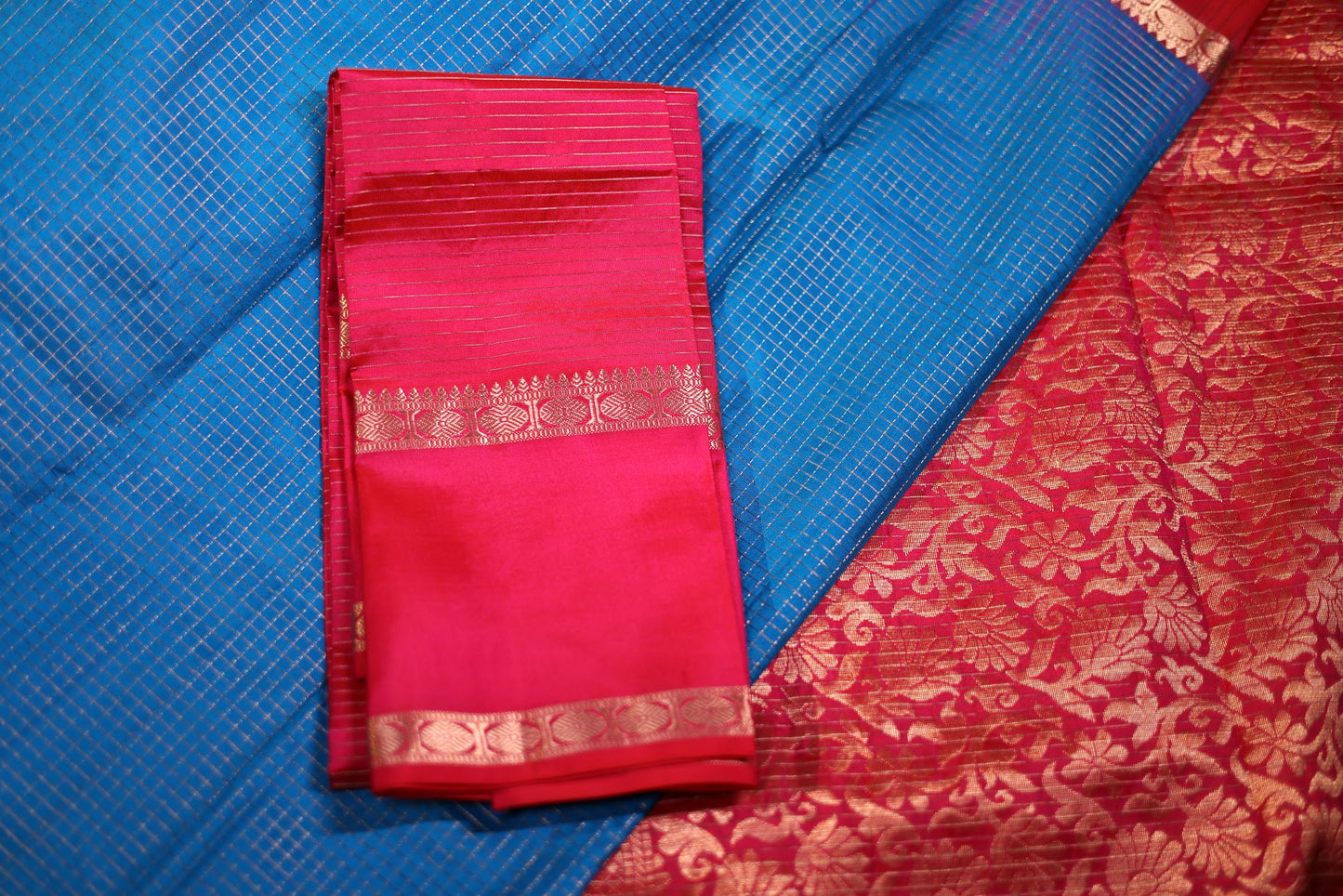 Pure Silk Saree - Blue Color with Pink Border