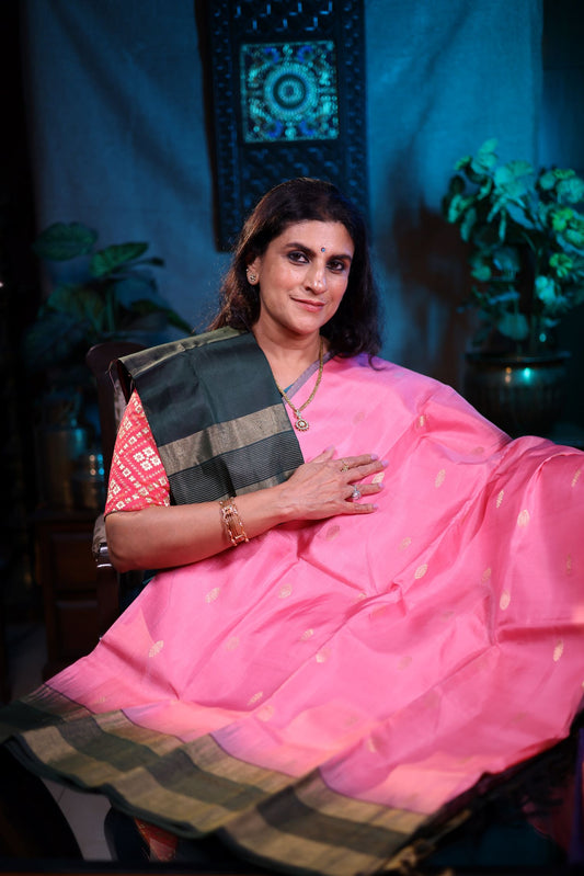 Pure Silk Saree - Pink Color with Dark Green Border