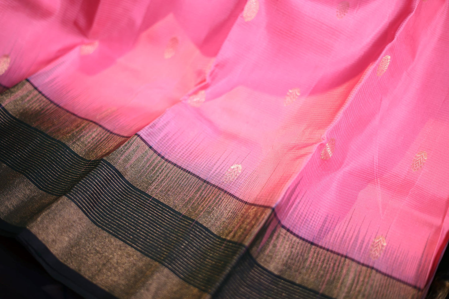 Pure Silk Saree - Pink Color with Dark Green Border