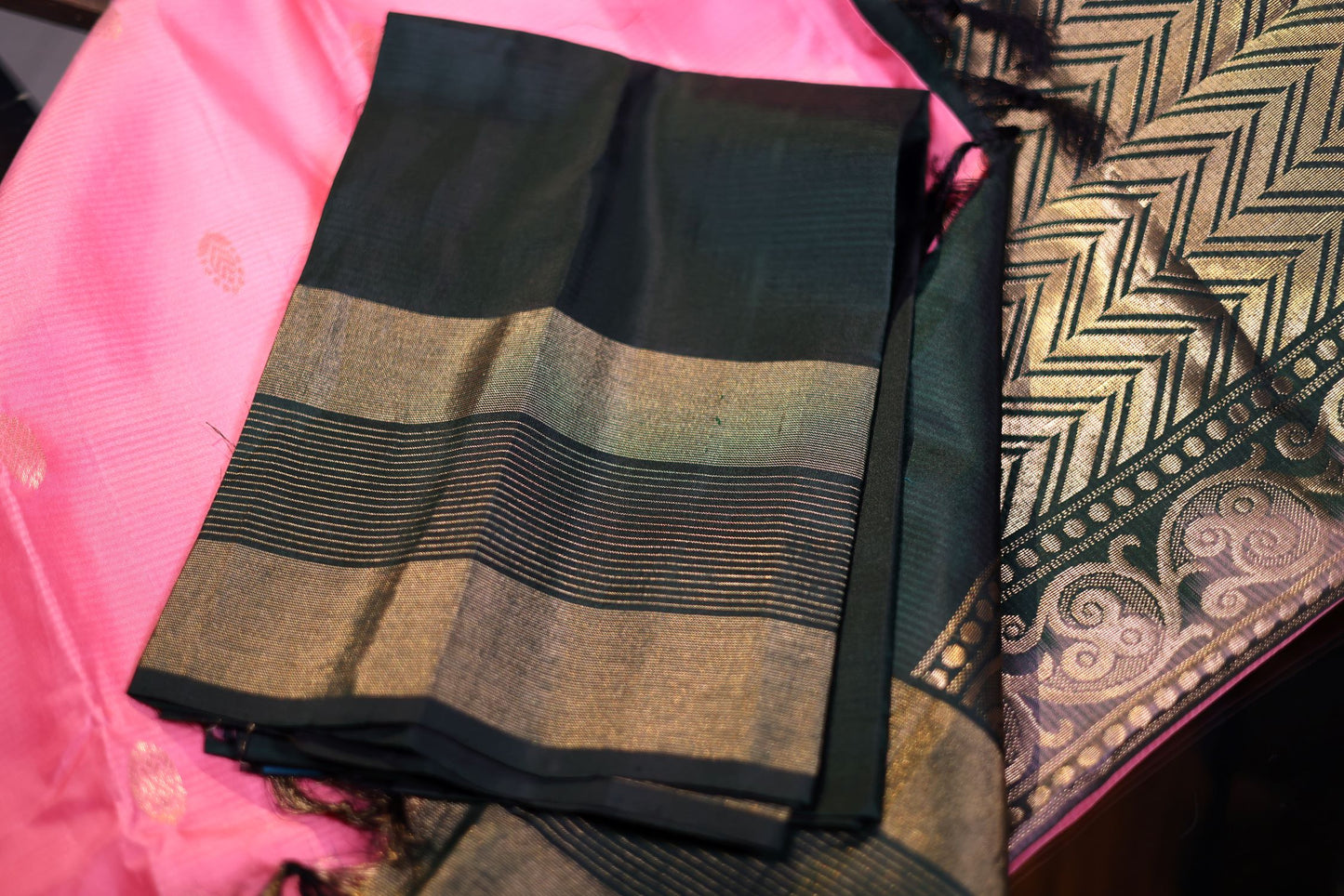 Pure Silk Saree - Pink Color with Dark Green Border