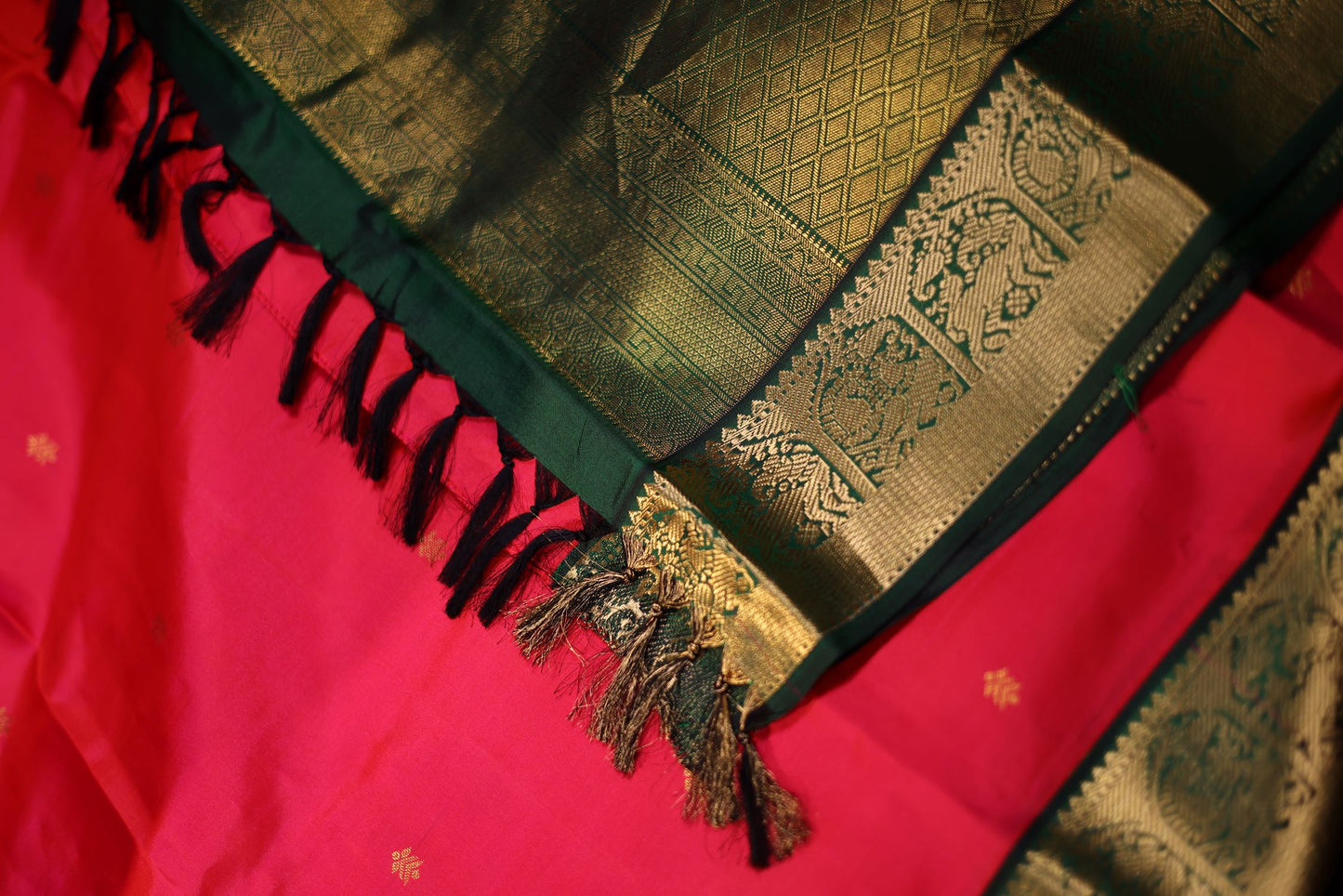 Pure Silk Saree - Rani Pink Color with Green Border