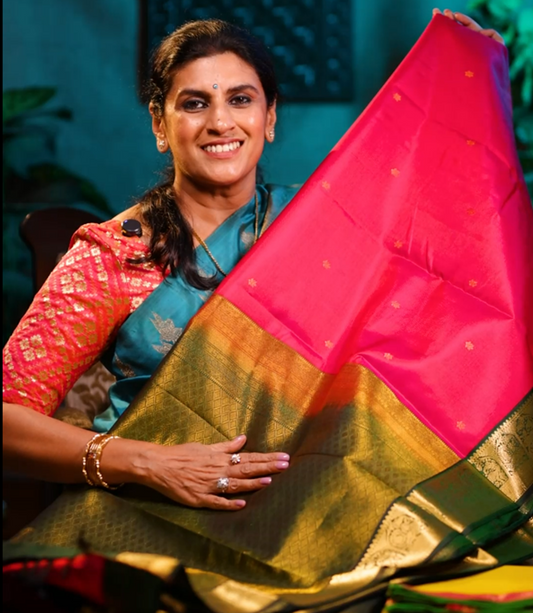 Pure Silk Saree - Rani Pink Color with Green Border