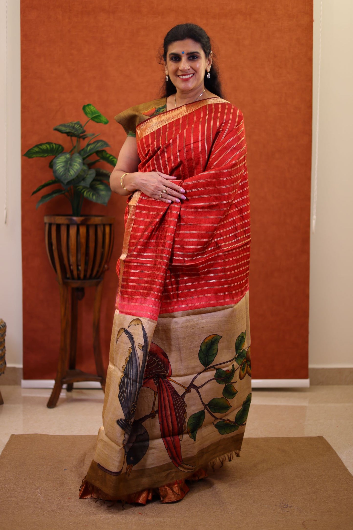 Pure Raw Silk Saree-Chilly Red With Kalamkari pallu