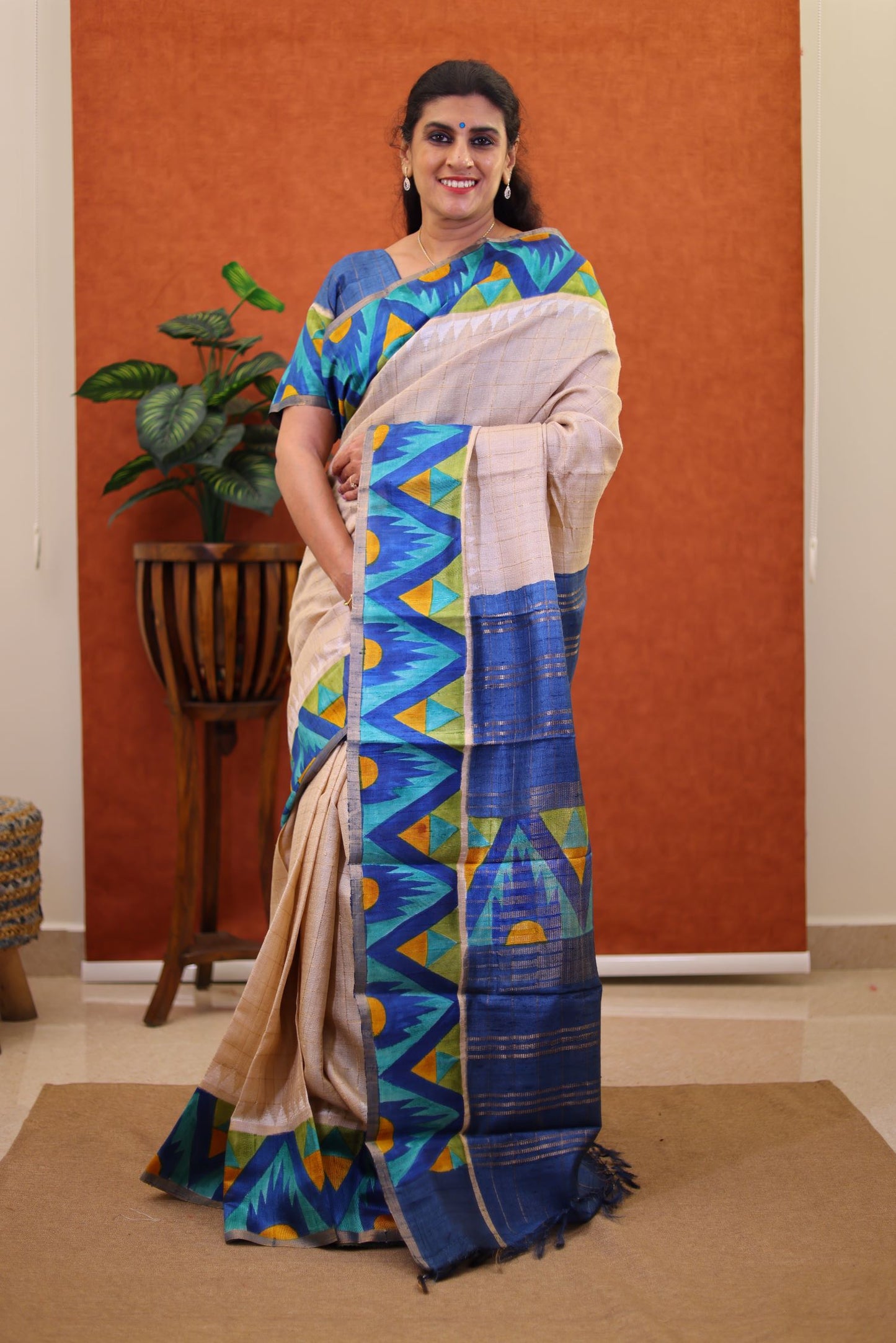 Pure Jute Silk Saree- Cream Color with Temple Border