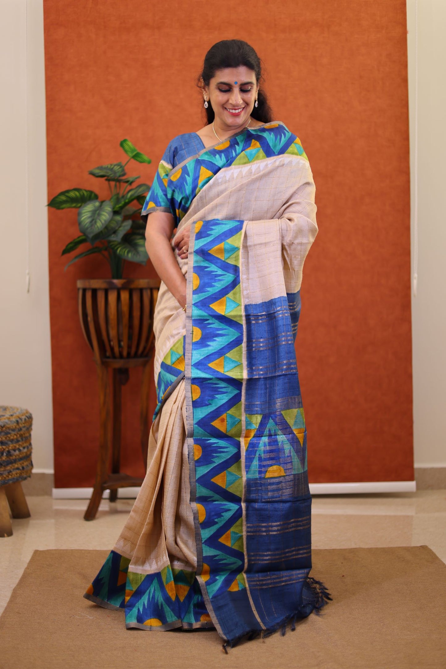 Pure Jute Silk Saree- Cream Color with Temple Border