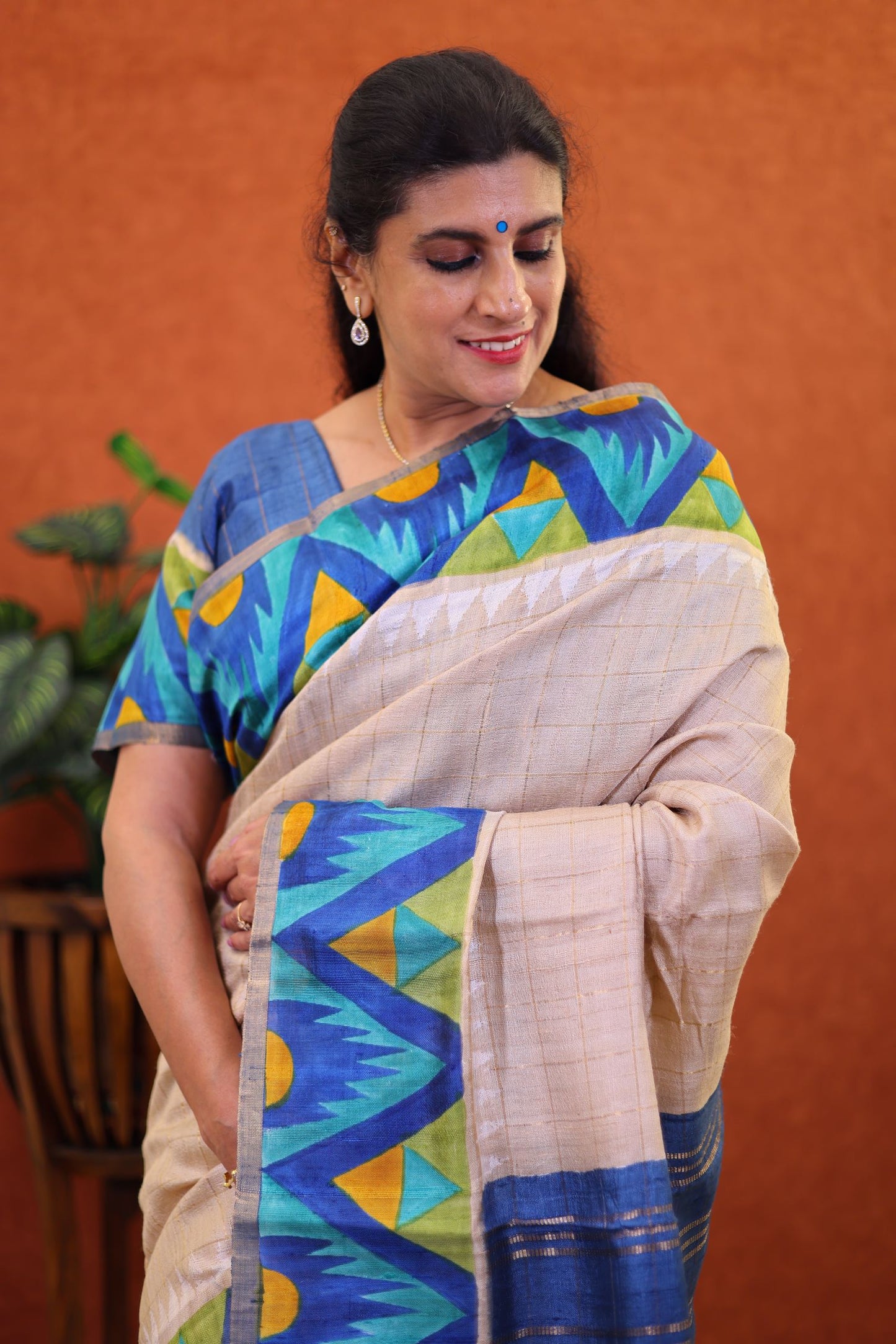 Pure Jute Silk Saree- Cream Color with Temple Border