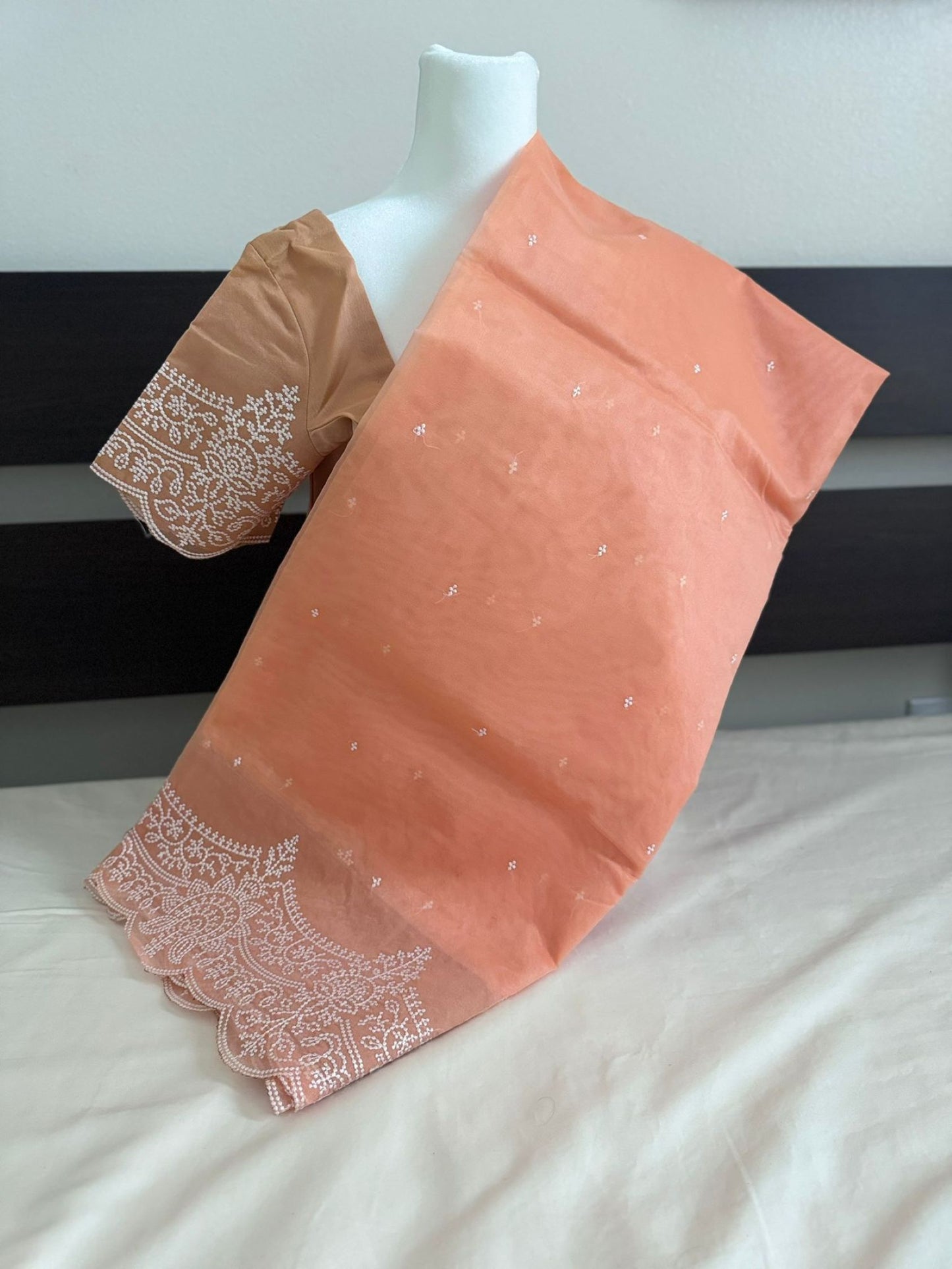 Banaras Semi Organza Saree - Pastel Peach Color with Cutwork, Embroidery, and Stitched Blouse