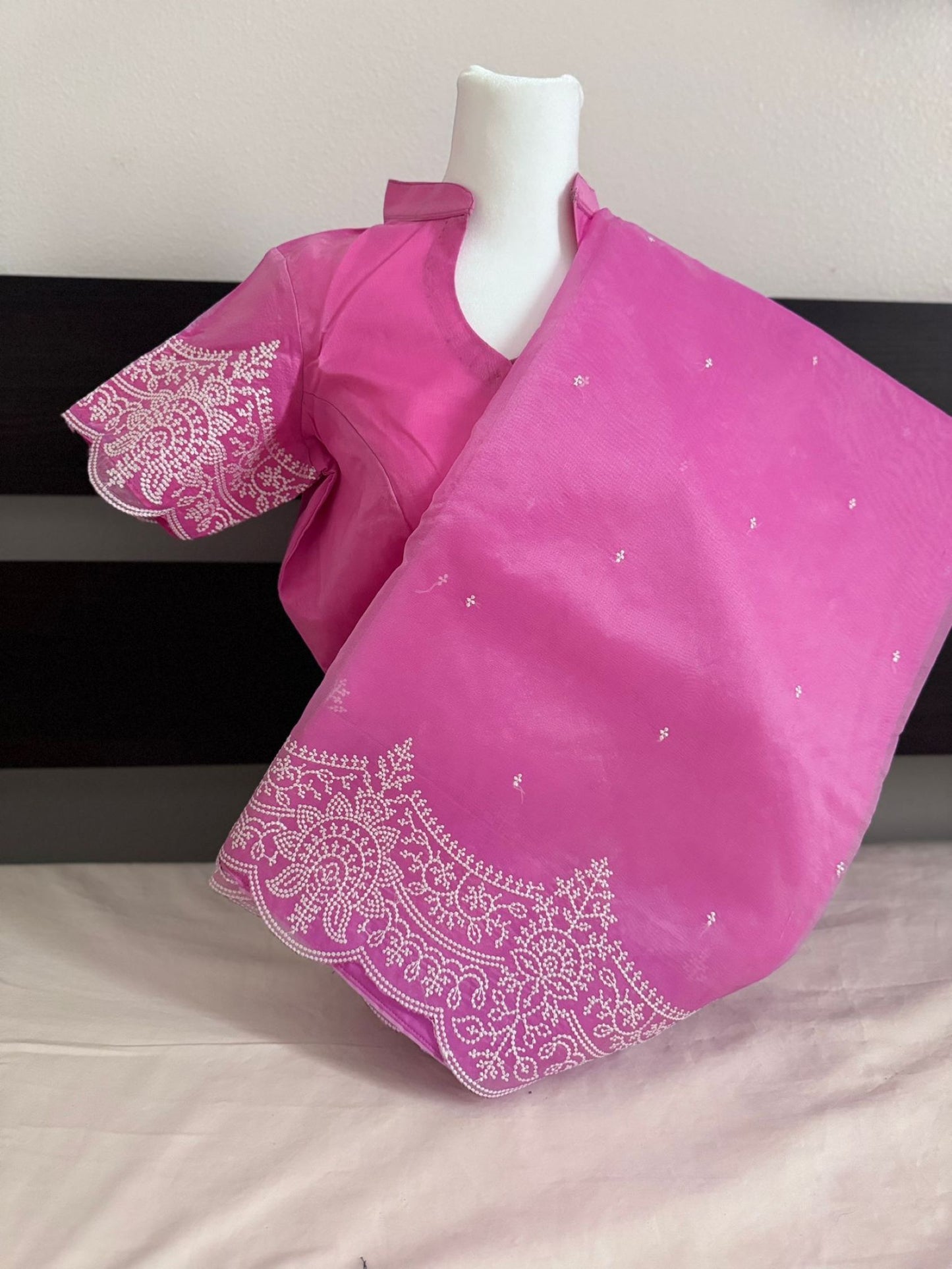 Banaras Semi Organza Saree - Lotus Pink Color with Cutwork, Embroidery, and Stitched Blouse