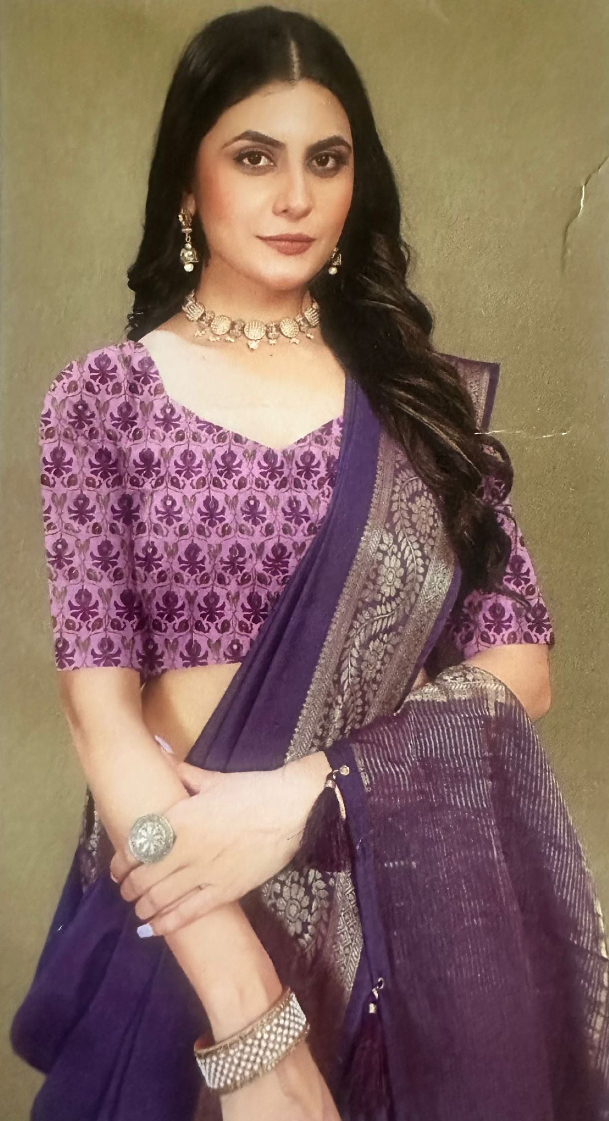 Fine Silk Saree - Purple with Zari Border & Stitched Blouse