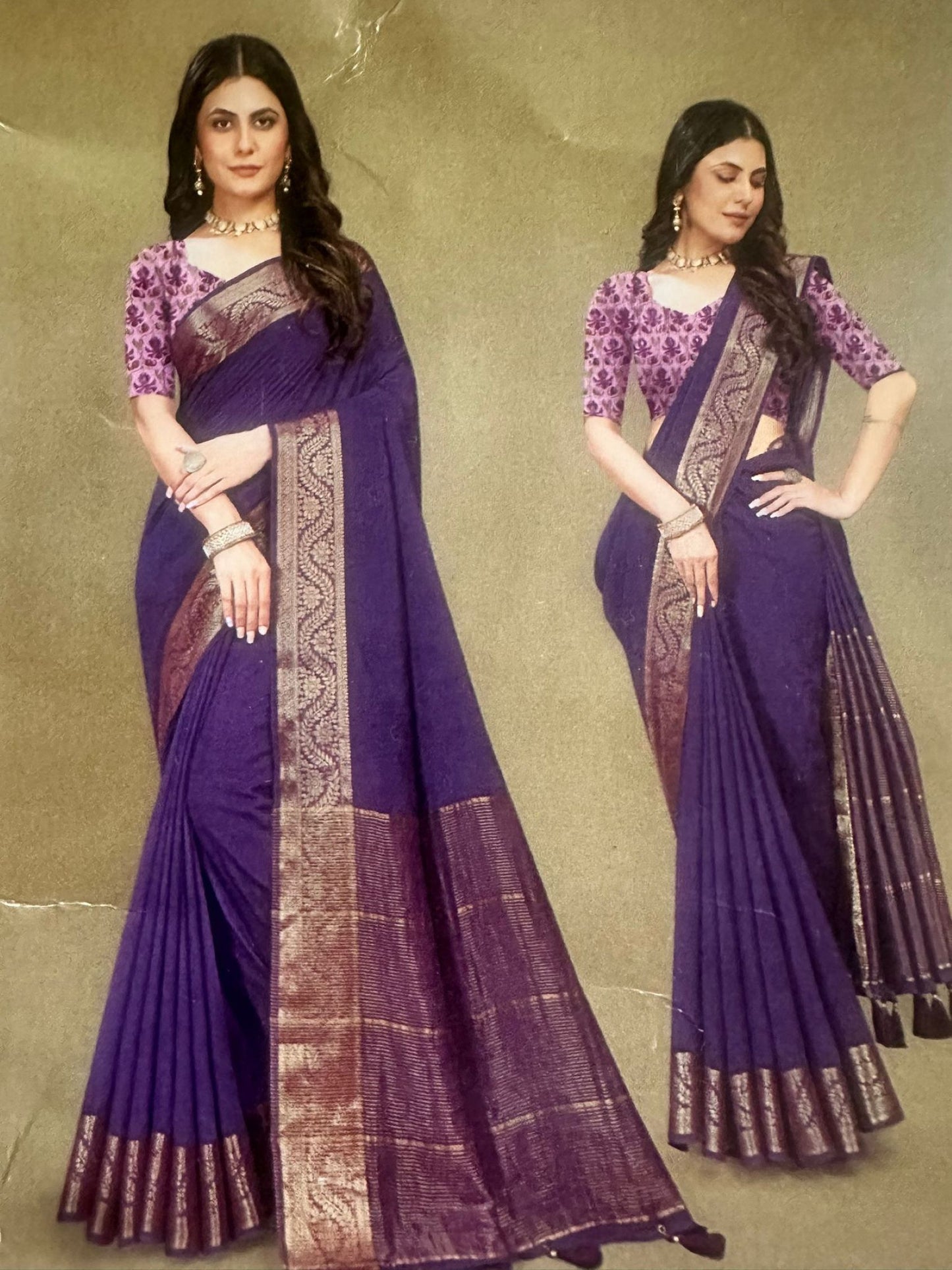 Fine Silk Saree - Purple with Zari Border & Stitched Blouse