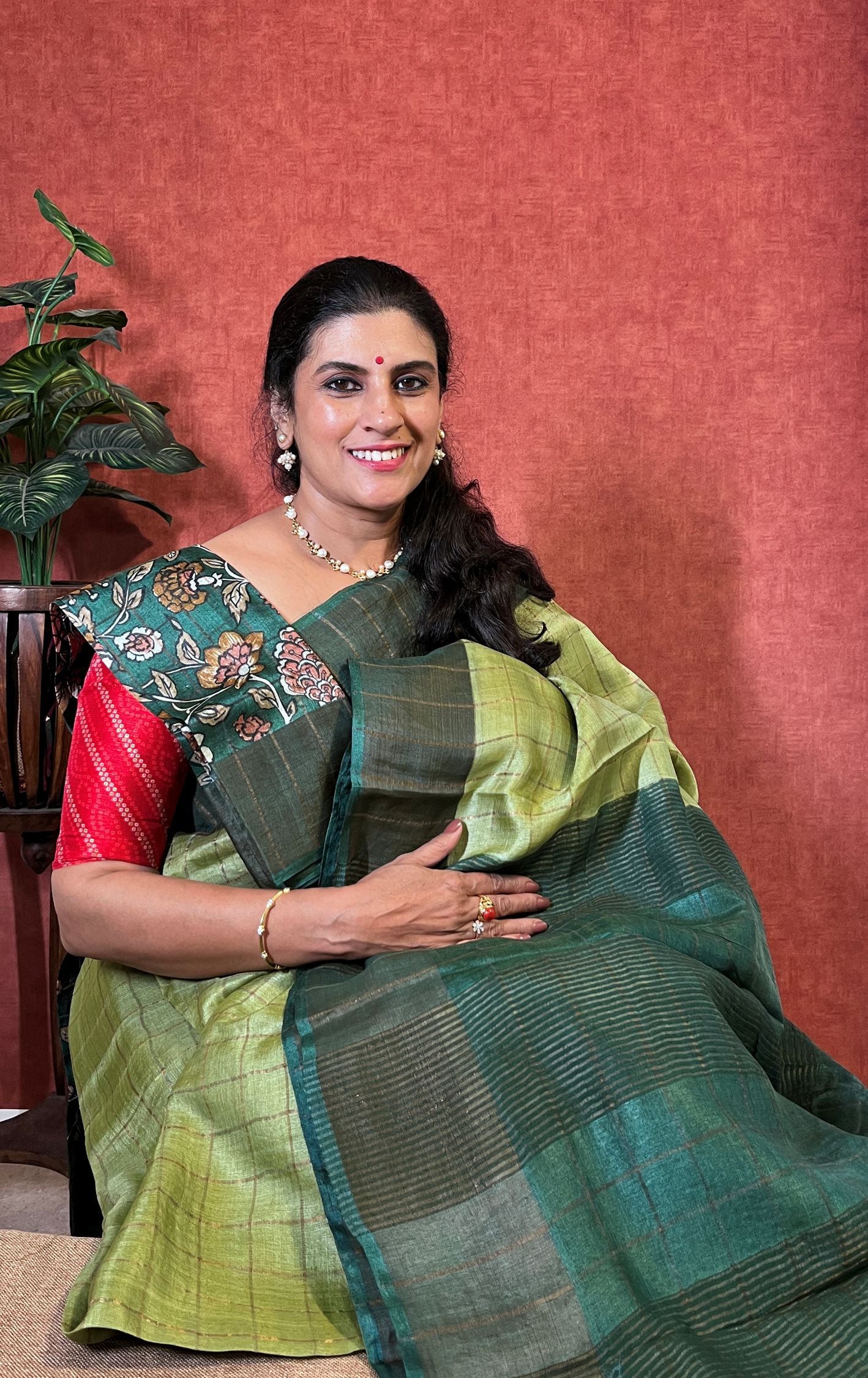 Pure Tussar - Leaf Green Saree with Checked Pattern and Zari Border