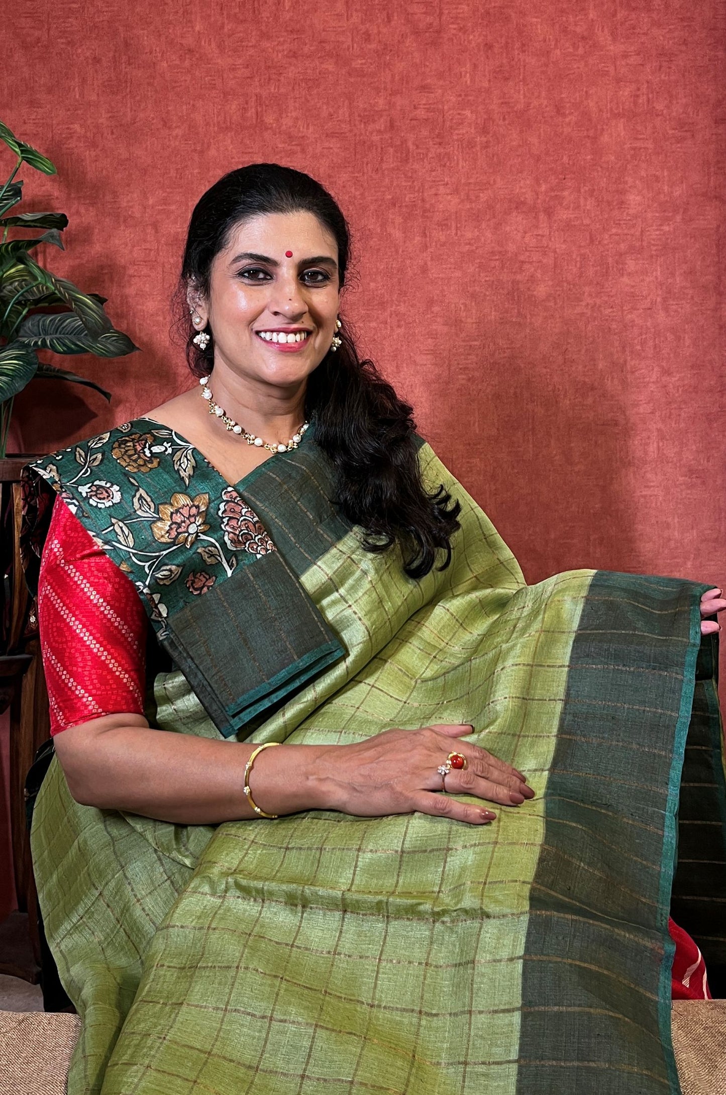 Pure Tussar - Leaf Green Saree with Checked Pattern and Zari Border