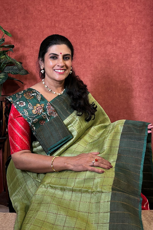 Pure Tussar - Leaf Green Saree with Checked Pattern and Zari Border
