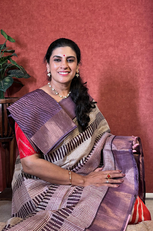 Pure Tussar - Purple with Offwhite Color Zari Border and Leheriya Blouse